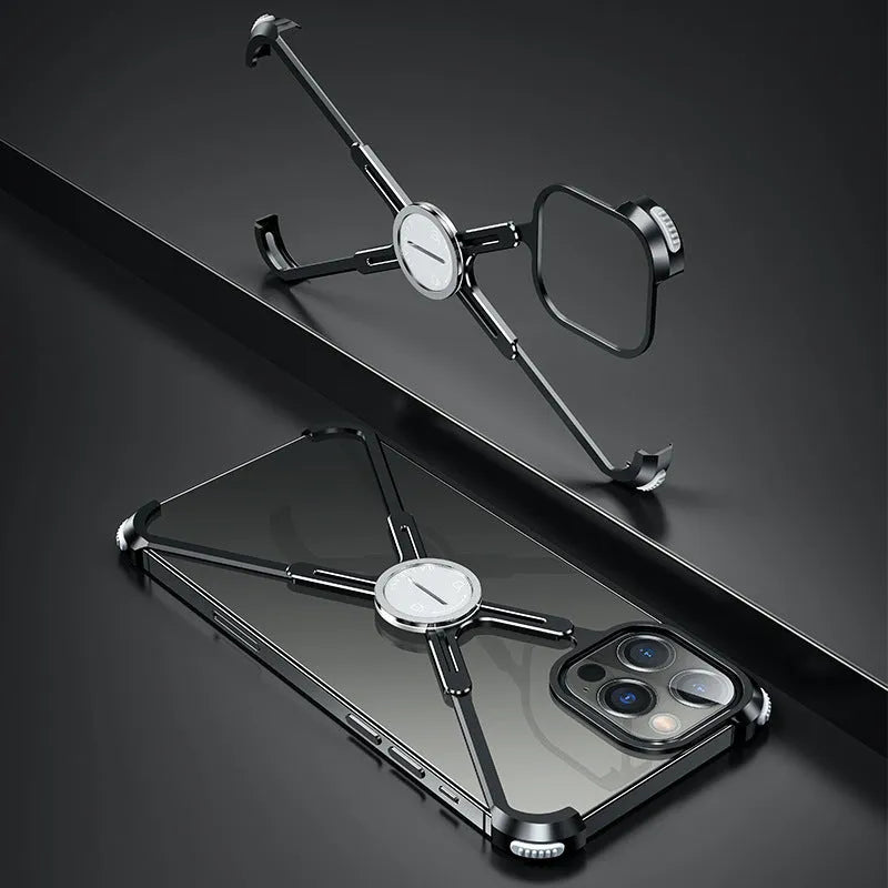 Metal phone case with X-shape design, airbag corners, and magnetic lock for iPhone 12 13 series in silver