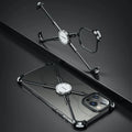 Metal phone case with X-shape design, airbag corners, and magnetic lock for iPhone 12 13 series in silver