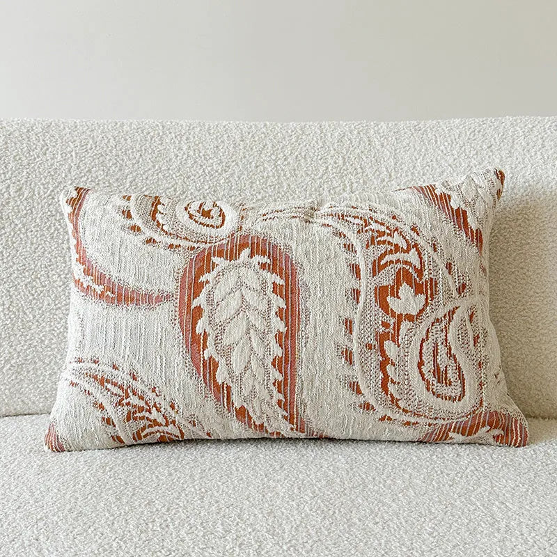 American-style yarn-dyed jacquard sofa cushion with paisley pattern in amber colours