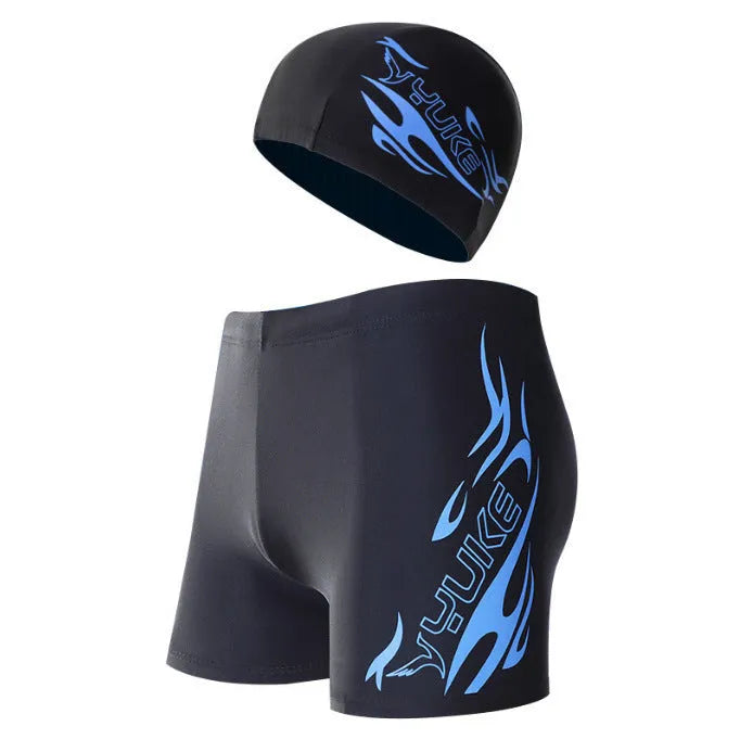 Men's plus size boxer swimming trunks with blue fire pattern design on black background