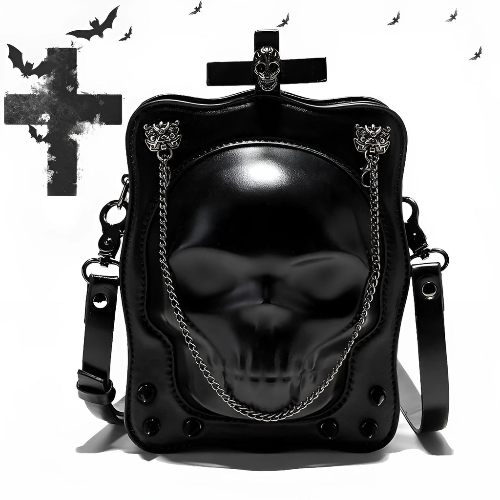 Black mini square shoulder bag with Gothic skull embossed design, chain strap, and zipper opening