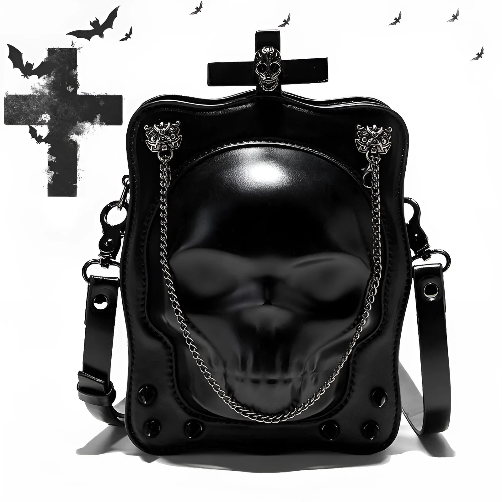 Black mini square shoulder bag with Gothic skull embossed design, chain strap, and zipper opening