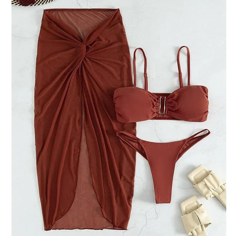 French-style multicolour bikini three-piece set with long culottes construction