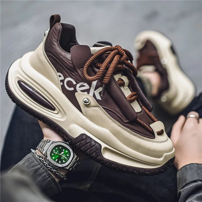 Men's casual sports waterproof dad shoes in solid colour with leather stitching, low-top round toe, platform heel, sizes 39-44