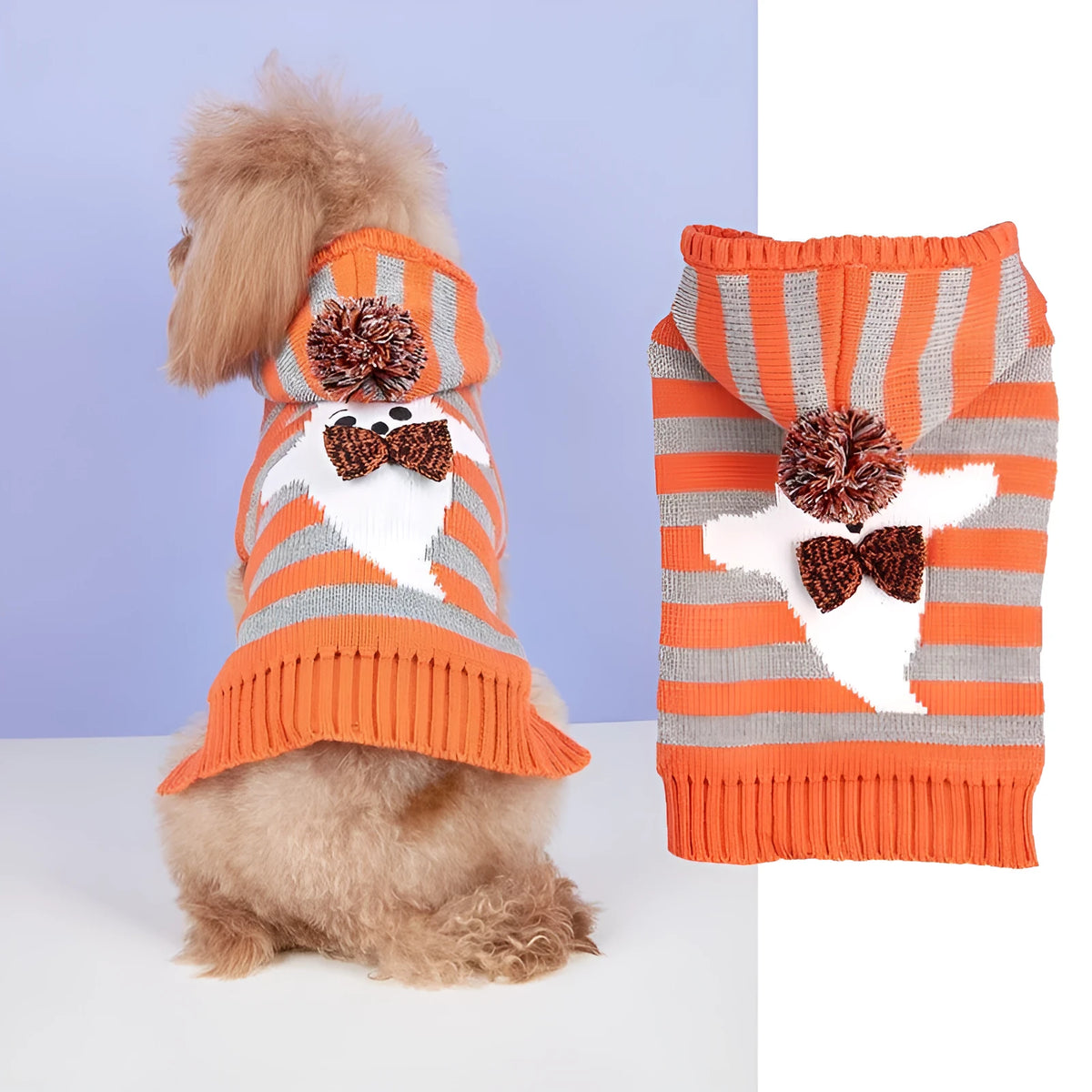 Orange Halloween pet sweater with contrast stripes, hood, and fur ball trim for dogs and cats
