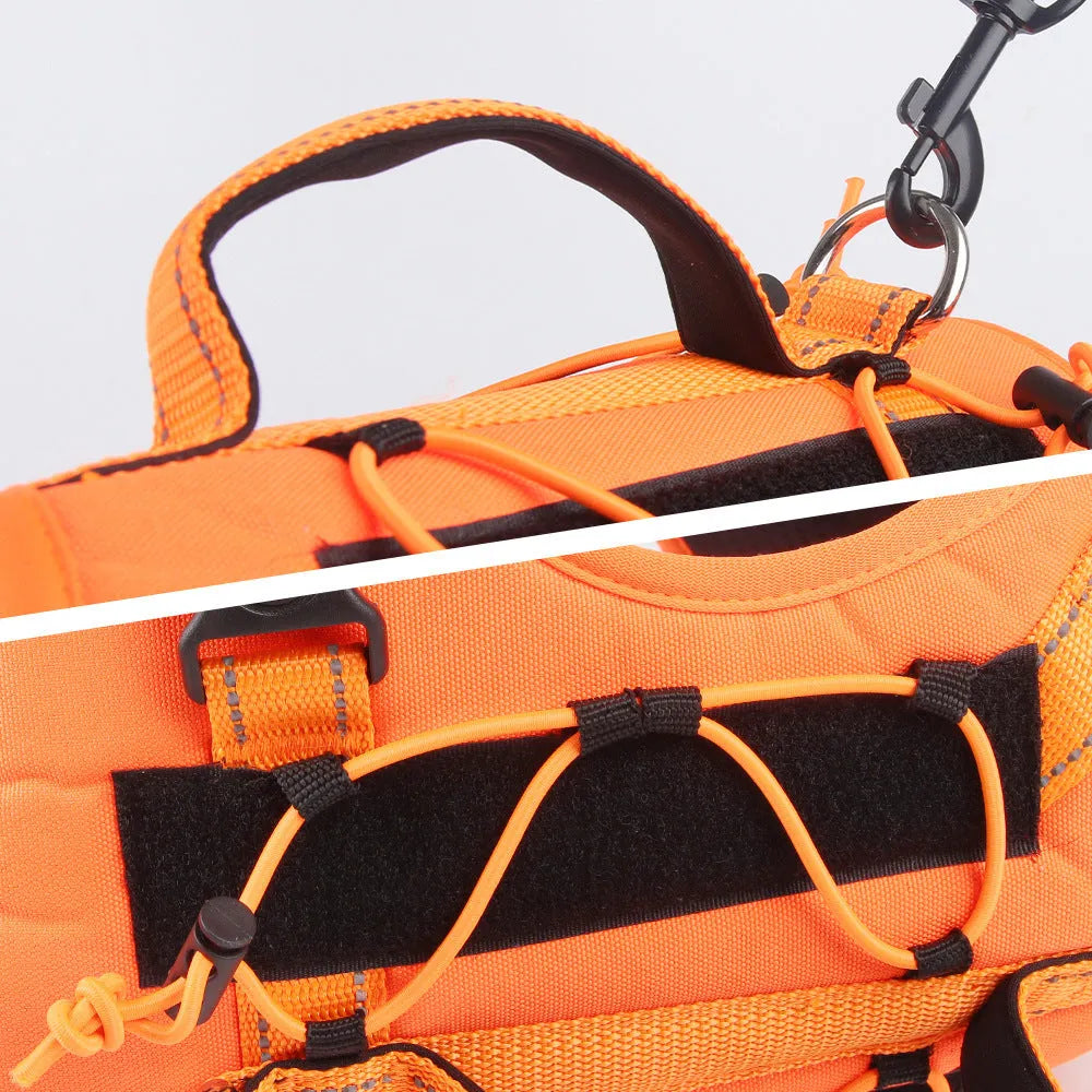 Orange PU dog vest harness with an integrated black hand-holding rope leash, shown on a medium-sized dog.