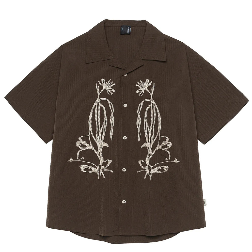 Brown coffee stripe outdoor shirt with Cuban collar and short sleeves.