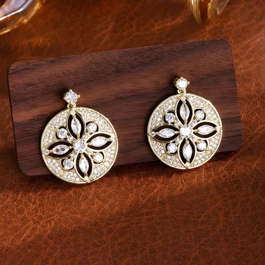 Hollow design zircon disc earrings for women copper electroplated white finish pair