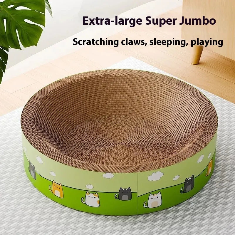A round corrugated paper cat scratch board with a deep pit pattern, shown in a cute style.
