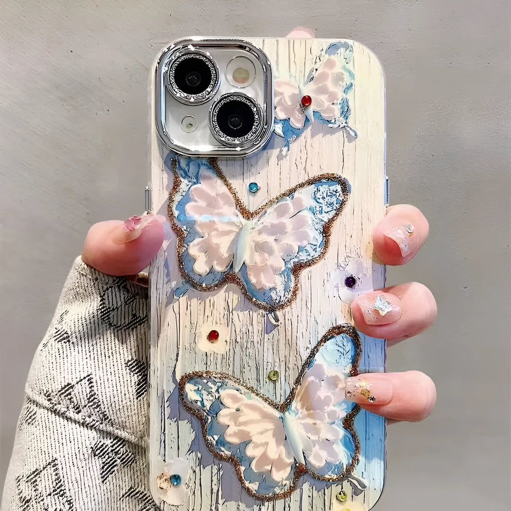 Butterfly oil painting printed plastic phone case for Apple iPhone, blue colour option, all-inclusive design