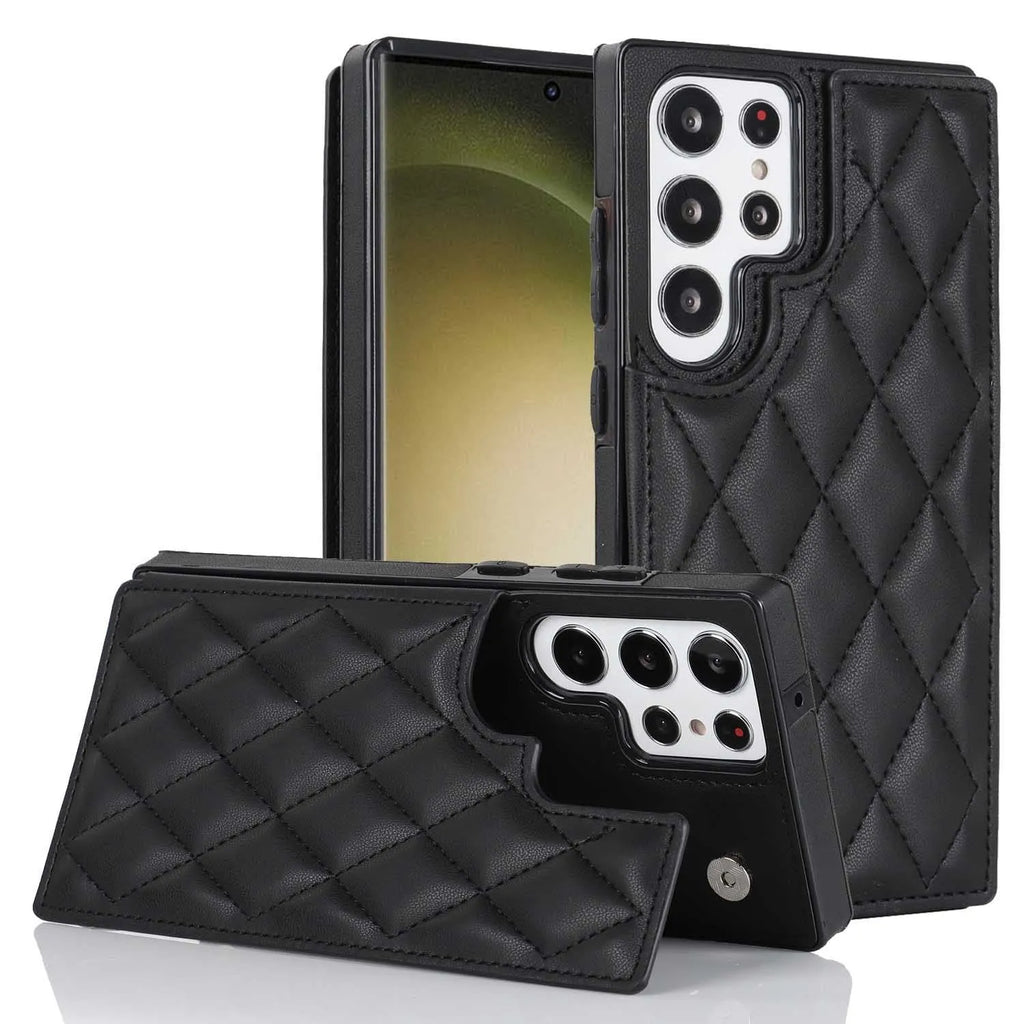 Samsung plaid double buckle phone case with card slots and kickstand, black colour, on white background