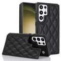 Samsung plaid double buckle phone case with card slots and kickstand, black colour, on white background