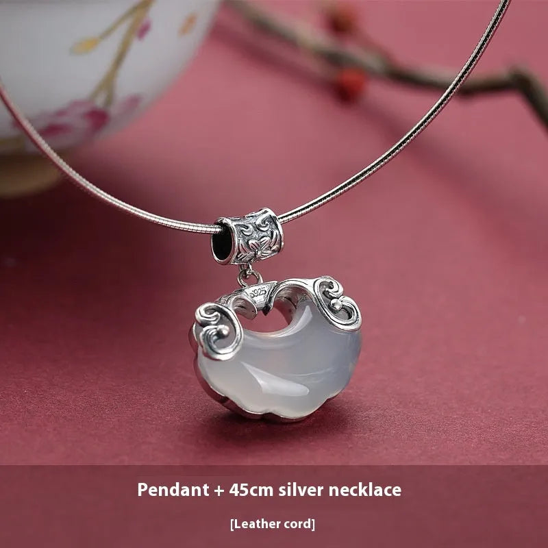 Jade Top Koi natural white chalcedony longevity lock pendant on silver plated collar