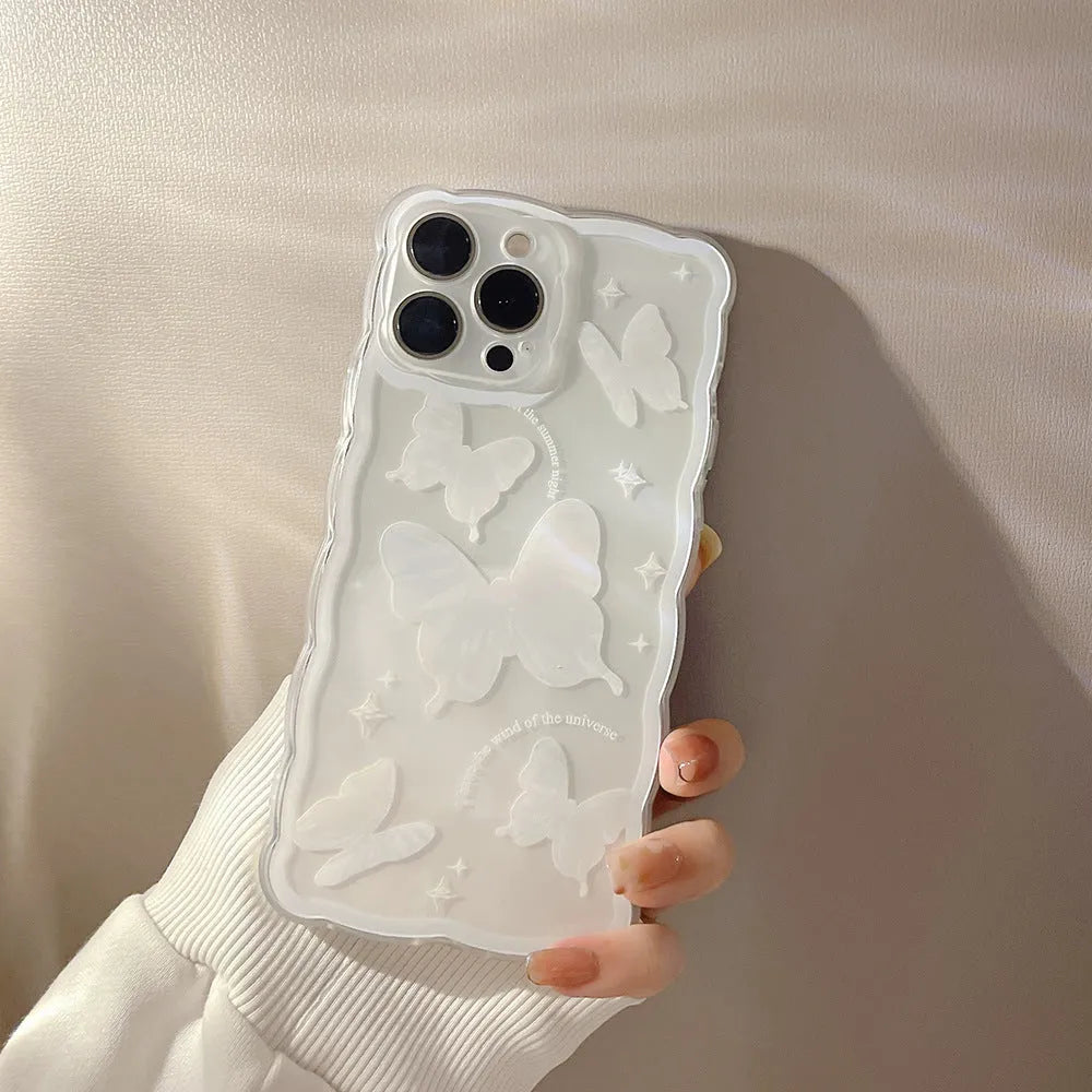 Transparent white crystal butterfly phone case in TPU for iPhone 12 to 15 models