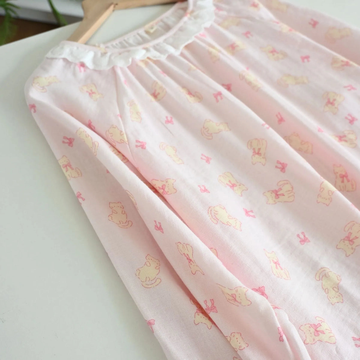 Beige long sleeve nightdress with bear bubble print on soft fabric