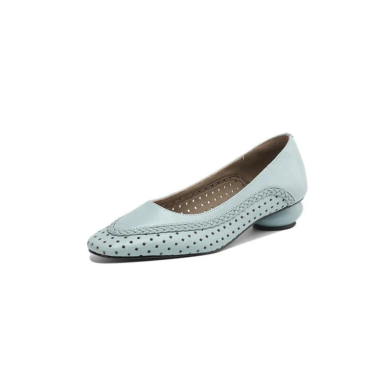 Women's shallow mouth hollow-out sandals with round toe, mid heel, sheepskin upper, beef tendon sole, sizes 34-41