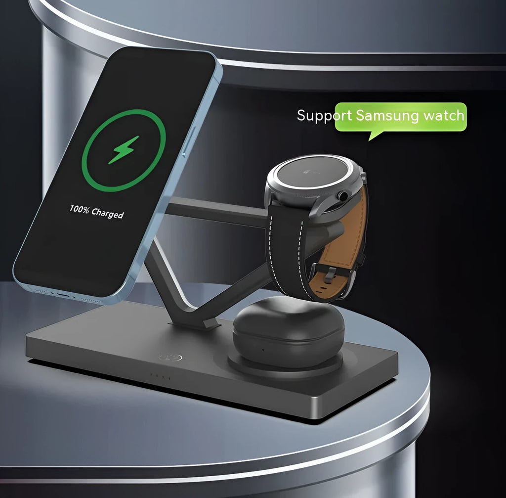 White five-in-one wireless charger with magnetic suction bracket, circular charging base, and integrated night light