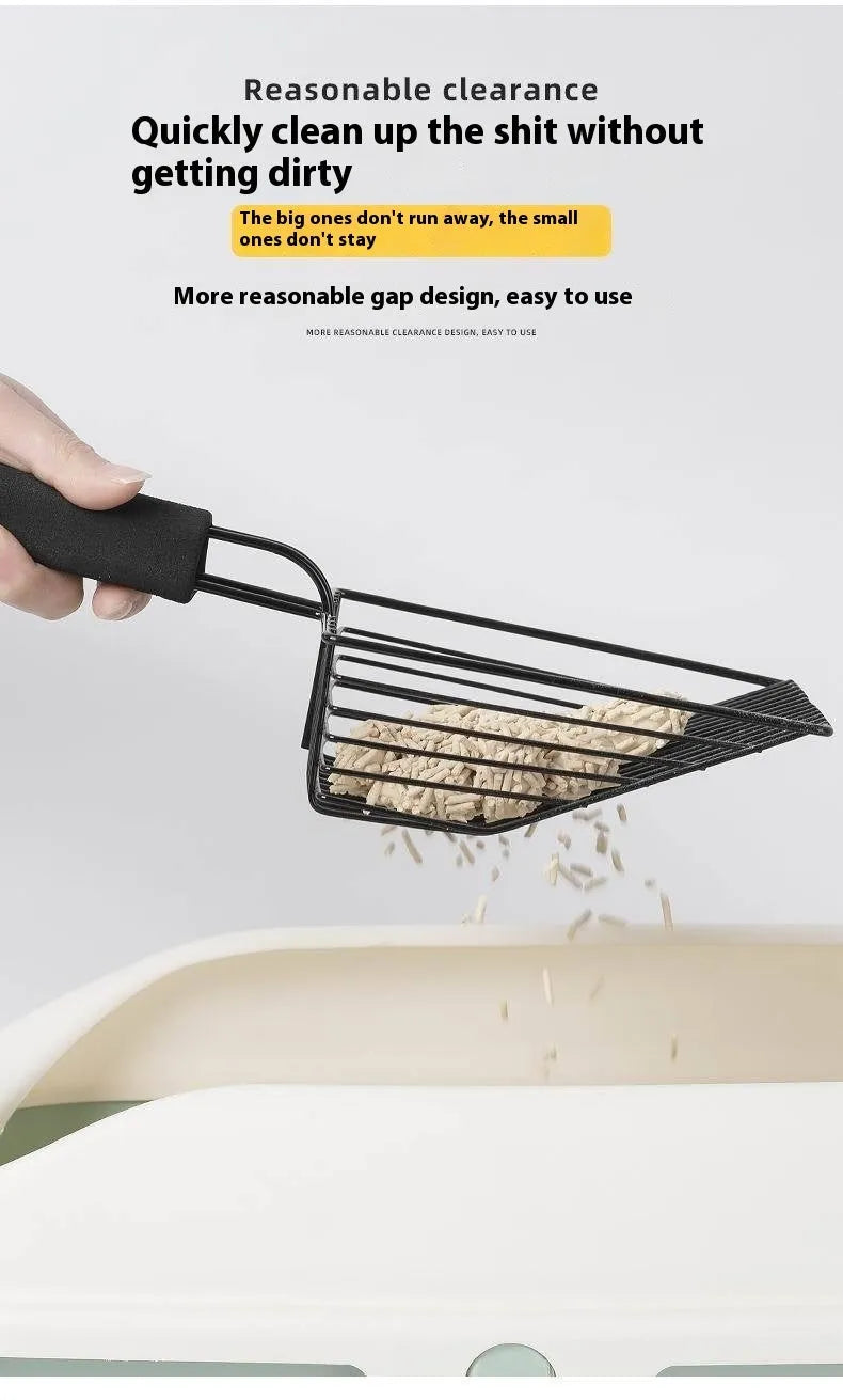 Black metal cat litter scoop with a long handle and a sifting head showing a narrow mesh gap.