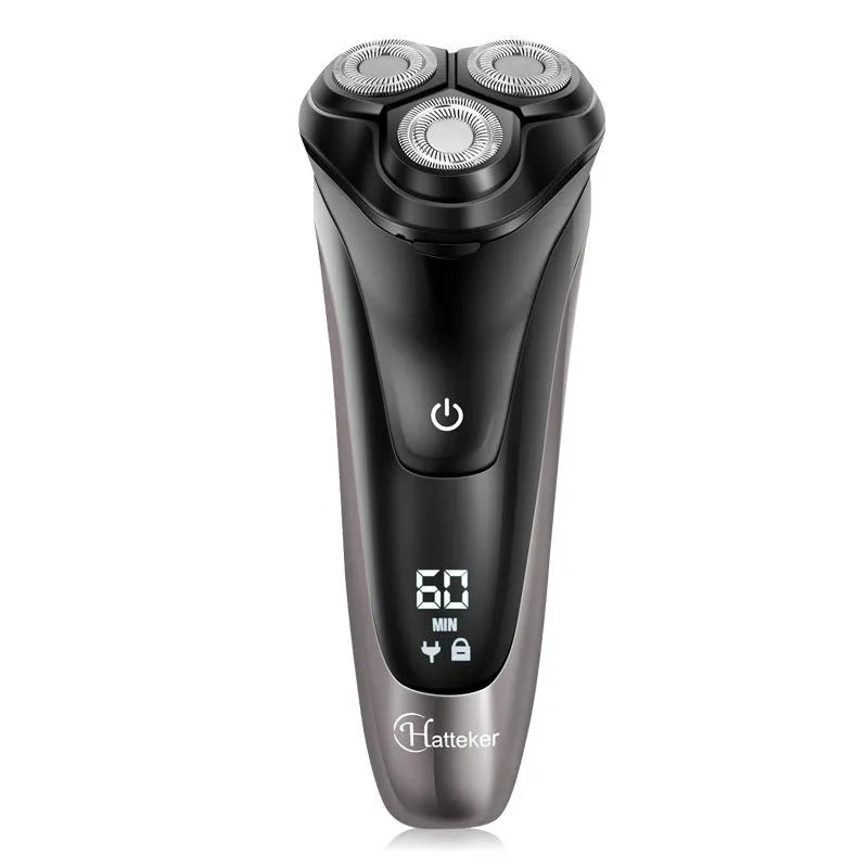 Men's electric shaver with three rotating heads, USB charging cable, and pop-up sideburn trimmer on display
