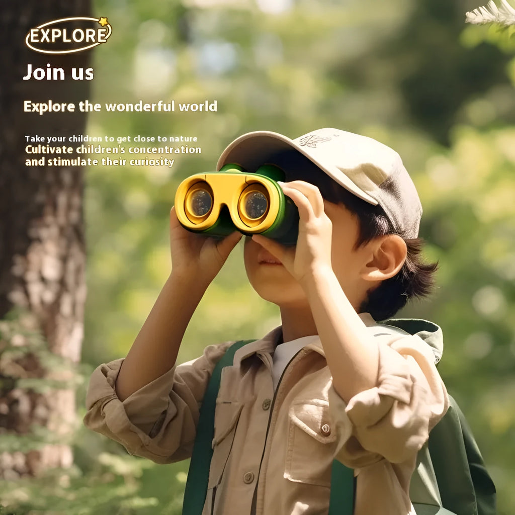 Children's toy telescope with 30mm lens in green colour on white background with sling