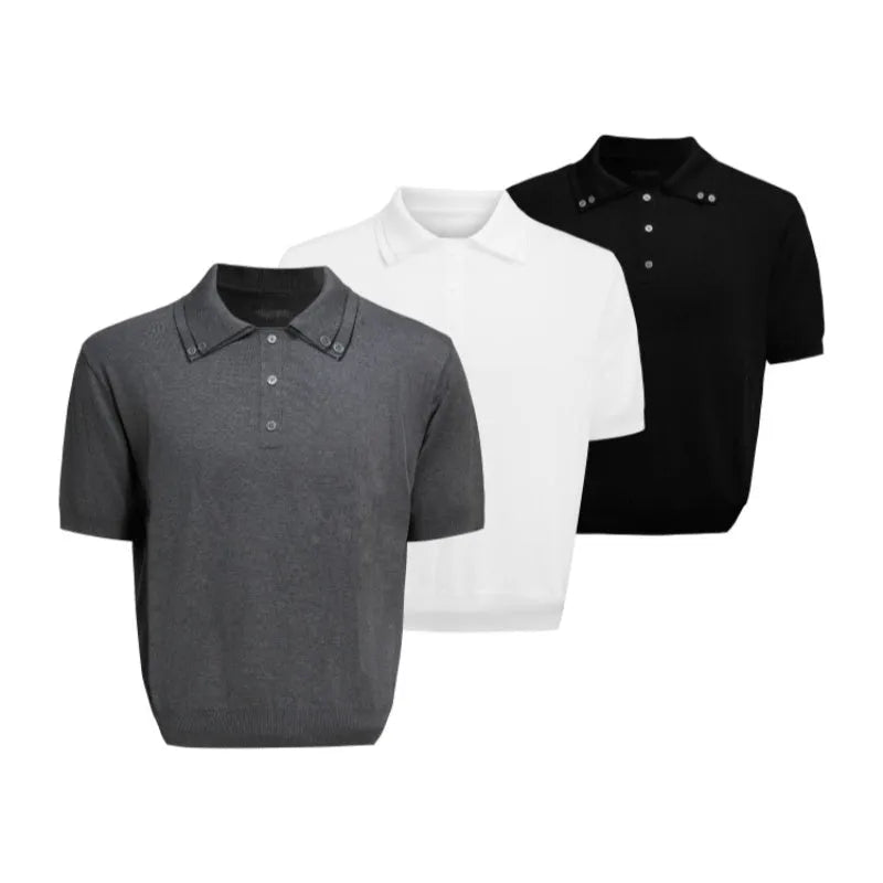 Men's black double collar polyester knit shirt with loose fit and short sleeves