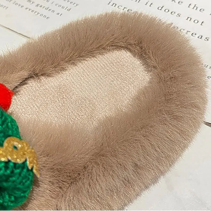 Women's Christmas hat decoration faux plush slippers with rubber sole in black, khaki, or white.