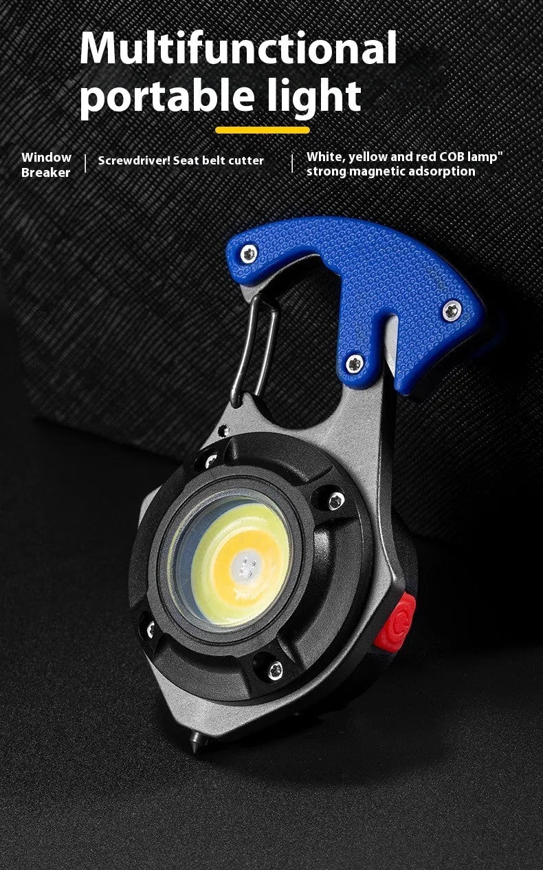 Portable keychain torch with window-breaking hammer, screwdriver, and smart display showing lighting modes