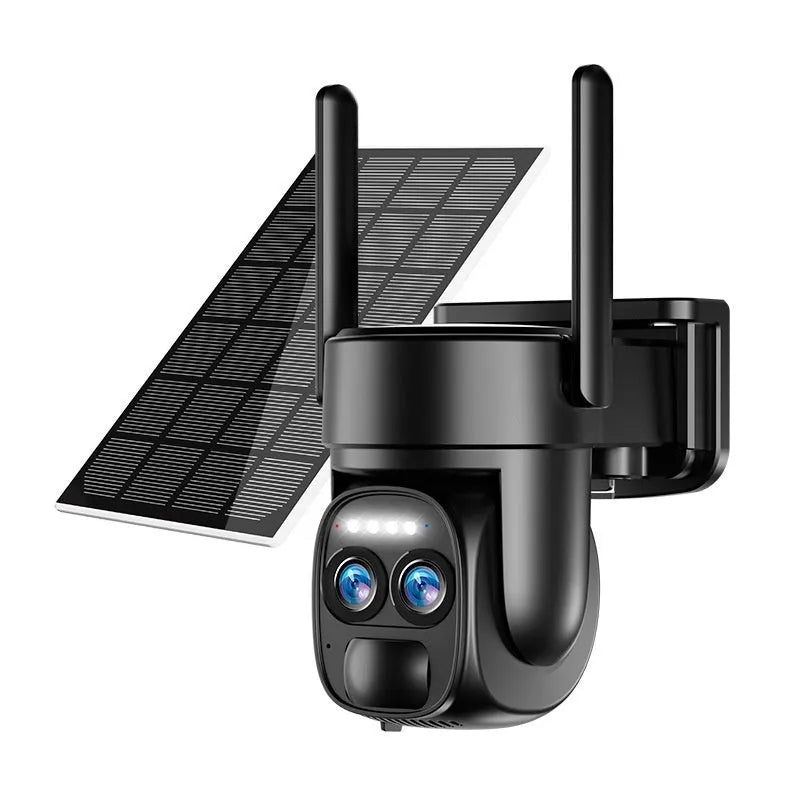 White outdoor solar security camera mounted on a wall with a solar panel on top.