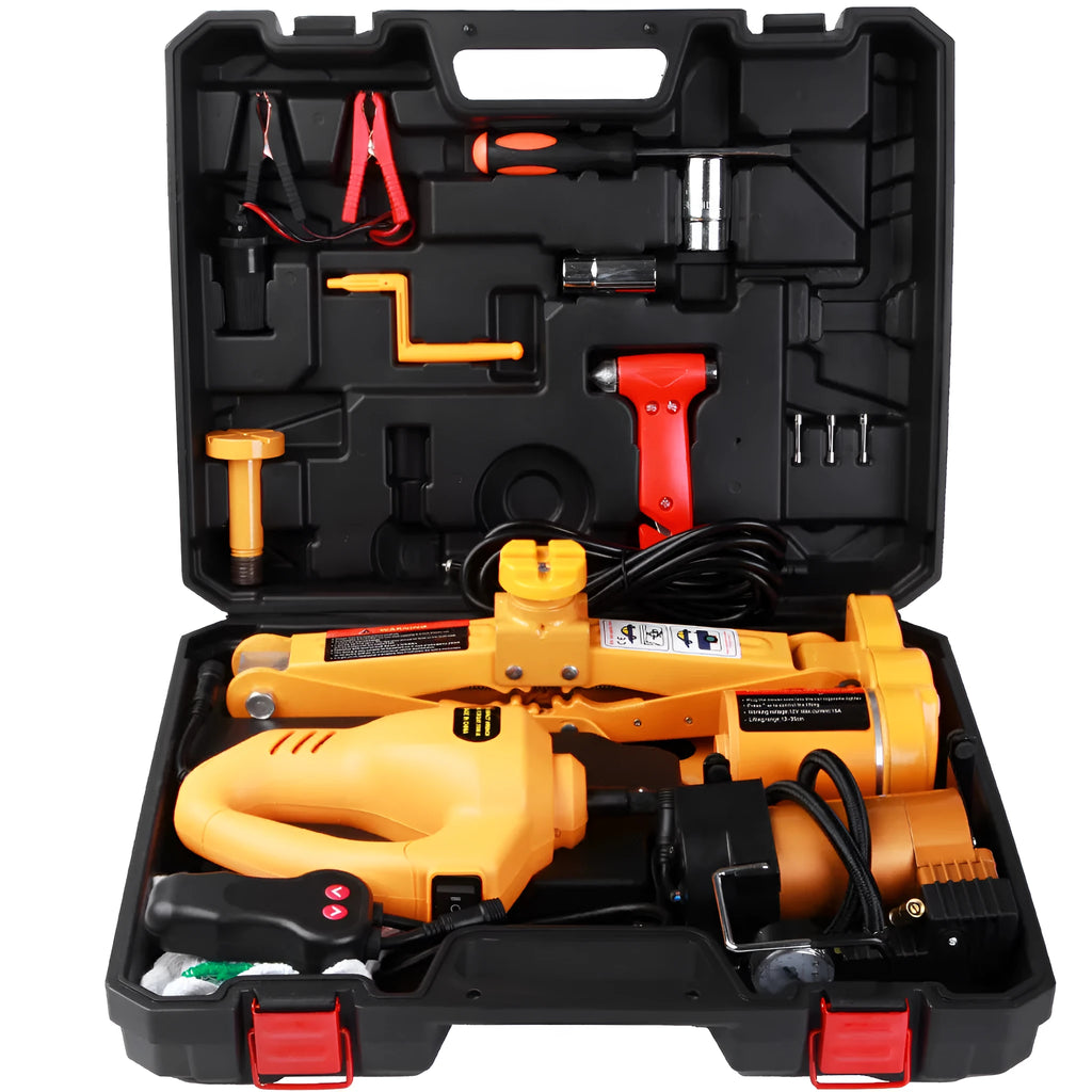 Yellow steel car electric jack set with an electric wrench on a grey background.