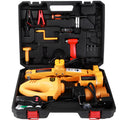 Yellow steel car electric jack set with an electric wrench on a grey background.