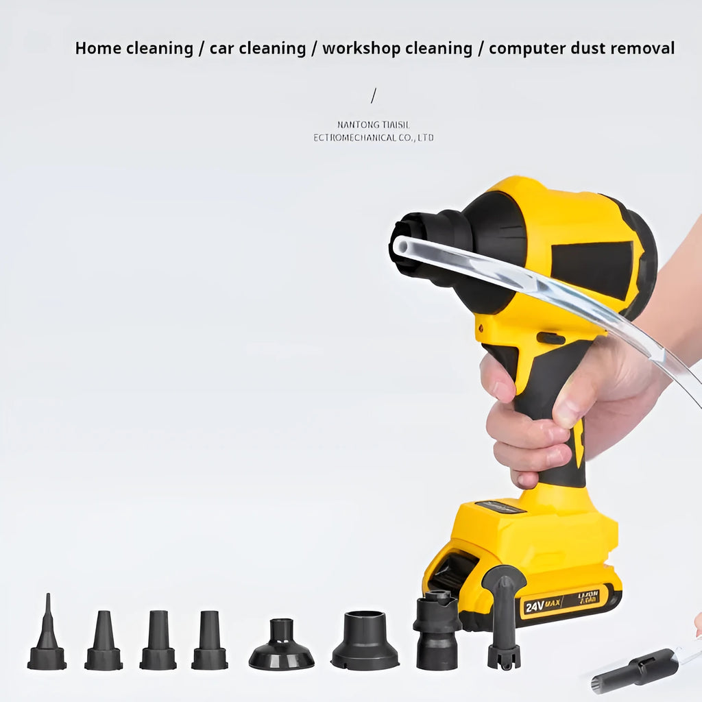 Yellow handheld cordless dust gun with rechargeable battery for office and workshop cleaning
