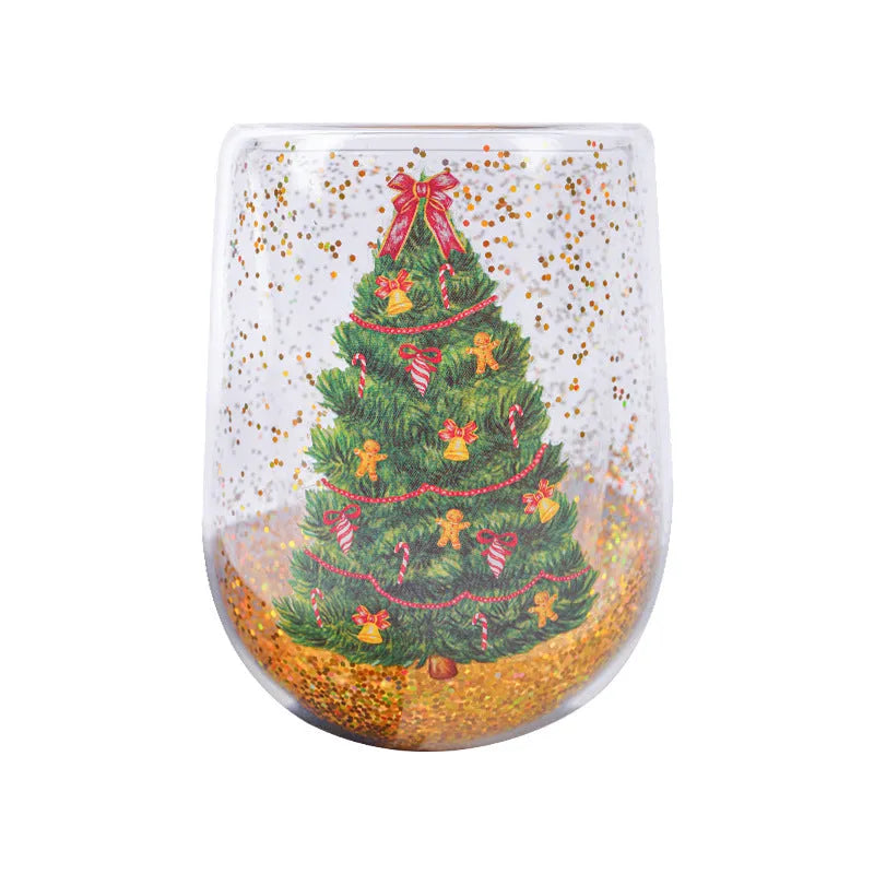 Christmas tree glass tumbler, 380ml double-layer borosilicate glass cup with flowing sequins, 8.6cm x 11.8cm