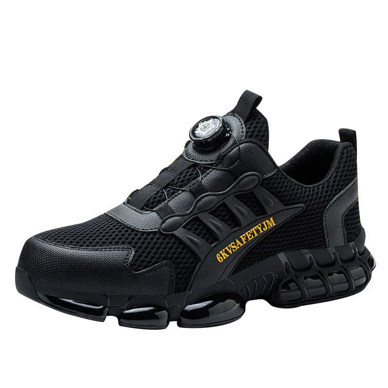 Men's black safety shoes with steel toe cap, flyknit upper, TPU sole, anti-slip workwear