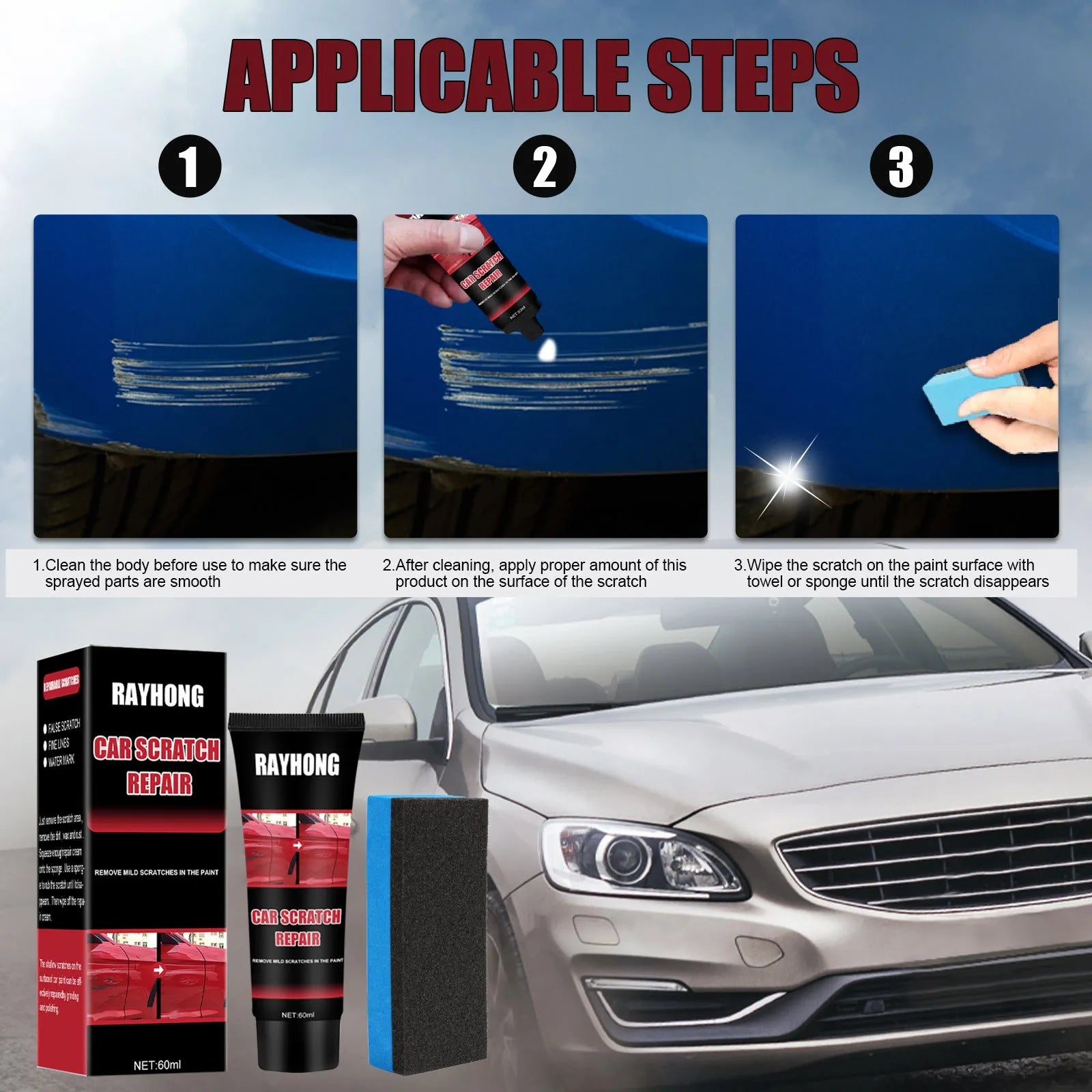 60ml car scratch repair wax set with applicator cloth for paint surface maintenance