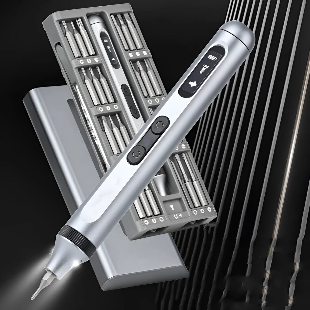 Precision electric screwdriver with aluminium alloy handle showing scale against a ruler.