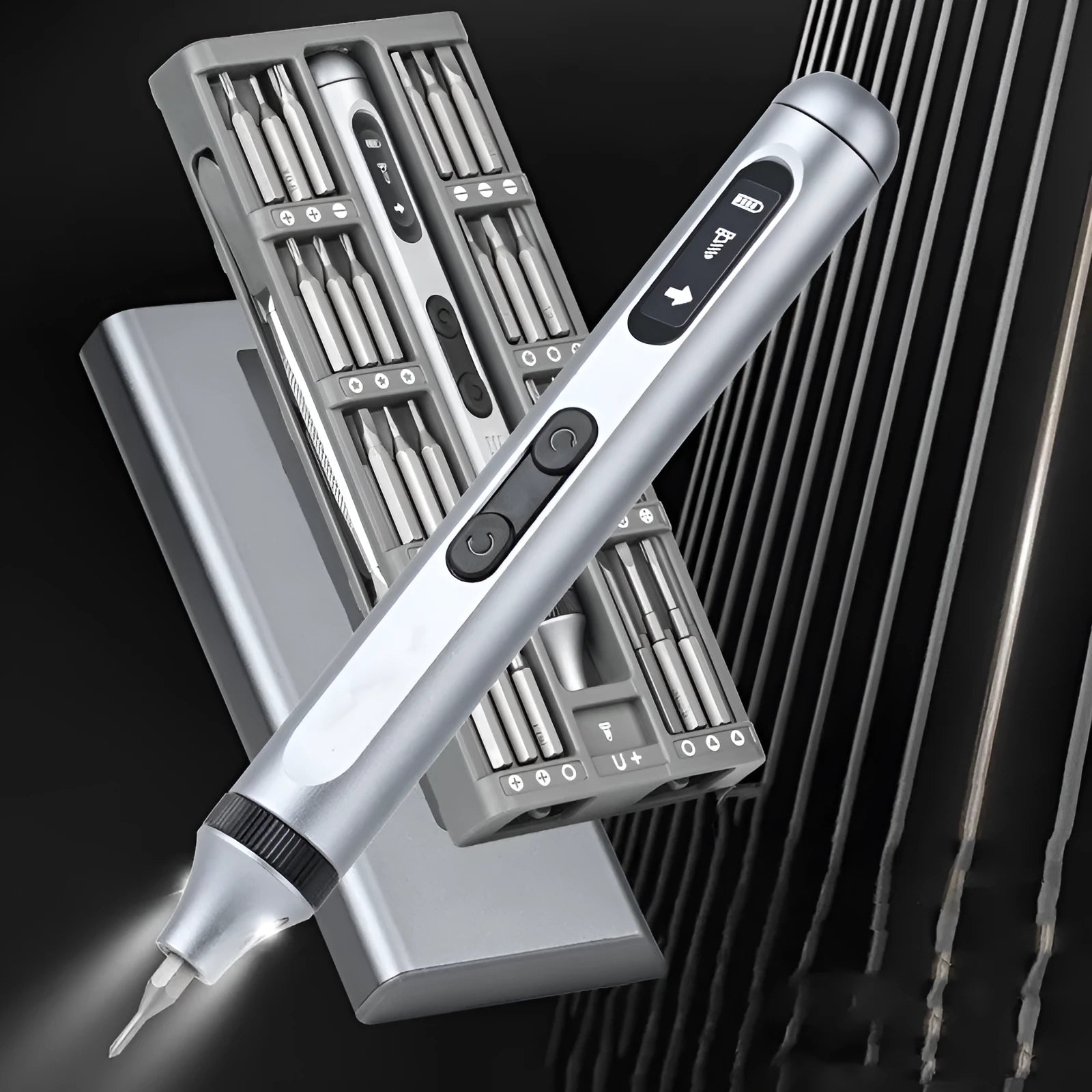 Precision electric screwdriver with aluminium alloy handle showing scale against a ruler.
