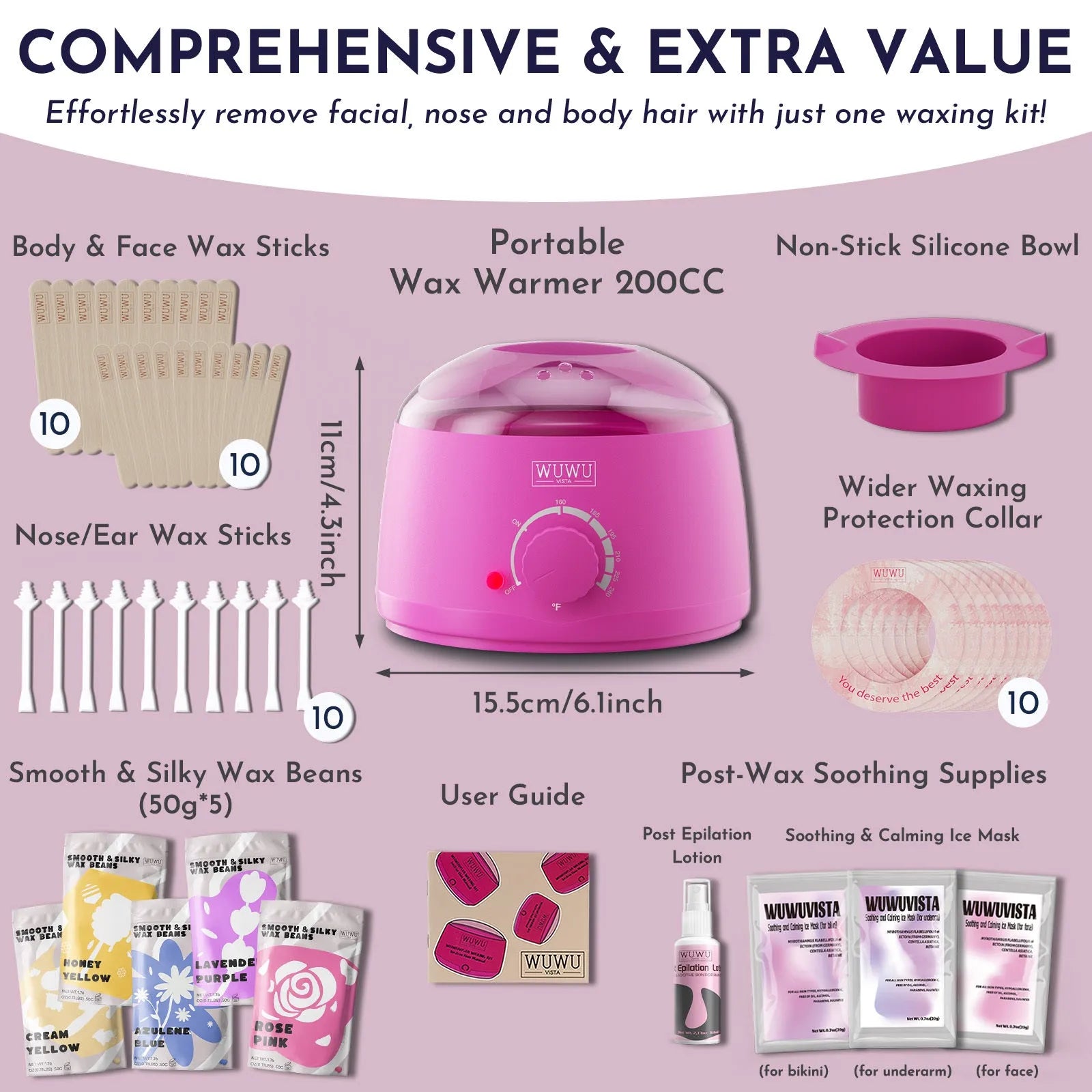 Professional waxing kit with wax warmer, pots of hard wax beans, applicator sticks, post-care lotion, and ice masks.