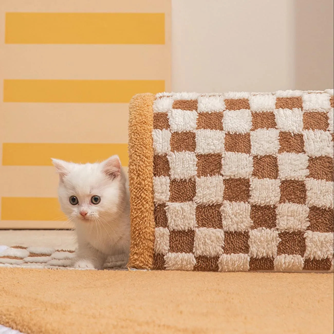 Fan-shaped plush pet bed with integrated tunnel in coffee colour, showing thick mat and anti-slip base.