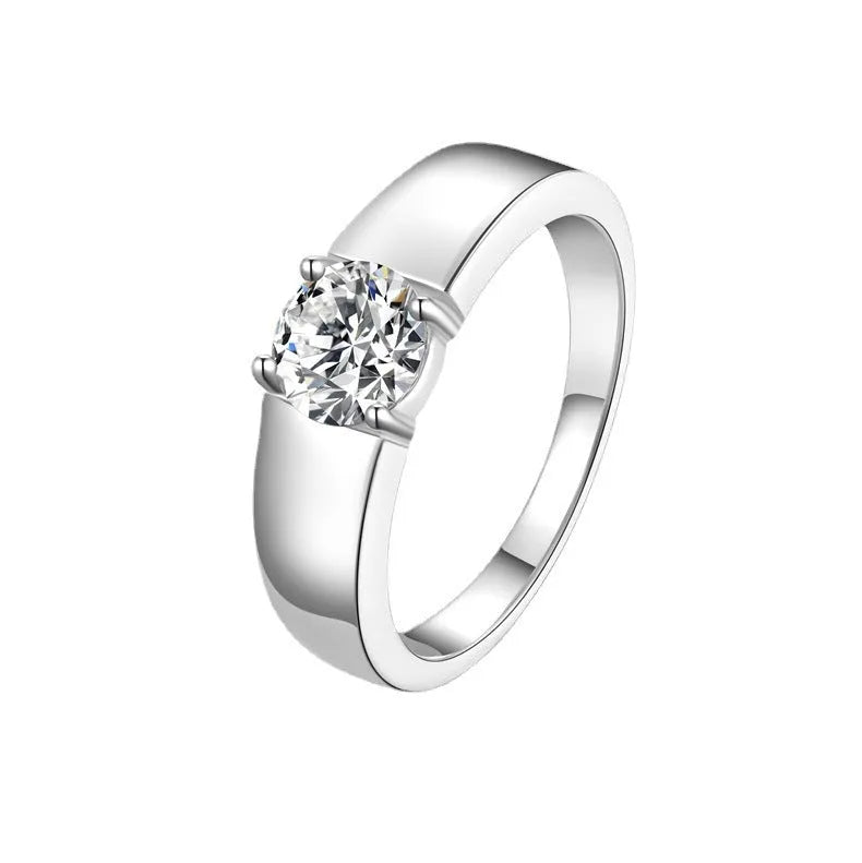 Sterling silver men's ring with U-shaped band, adjustable opening or fixed size, and moissanite or high carbon stone in 50 points or 1 karat.