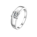 Sterling silver men's ring with U-shaped band, adjustable opening or fixed size, and moissanite or high carbon stone in 50 points or 1 karat.