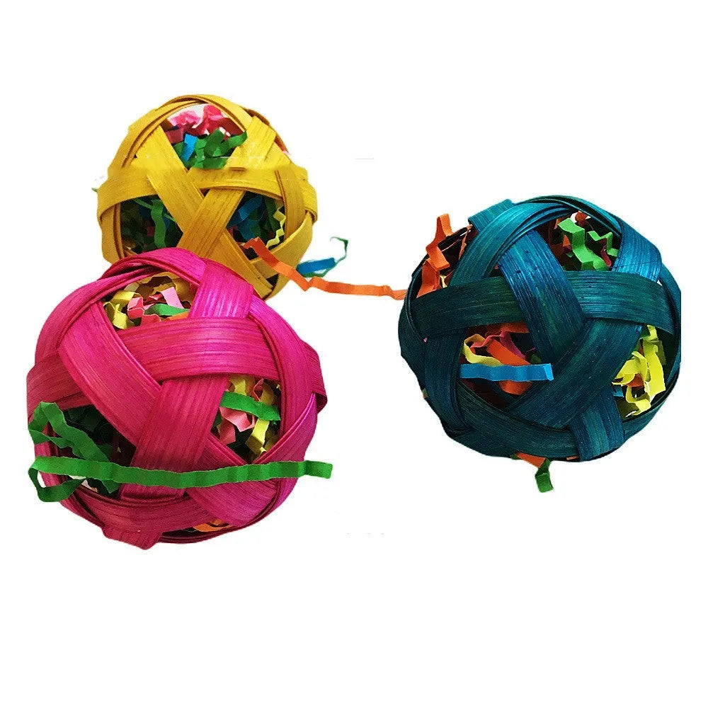 Three natural bamboo woven foraging toy balls 6cm diameter for small pets and birds