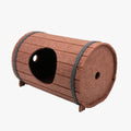Assembled wine barrel shaped cat bed made from three polyester fibre felt panels