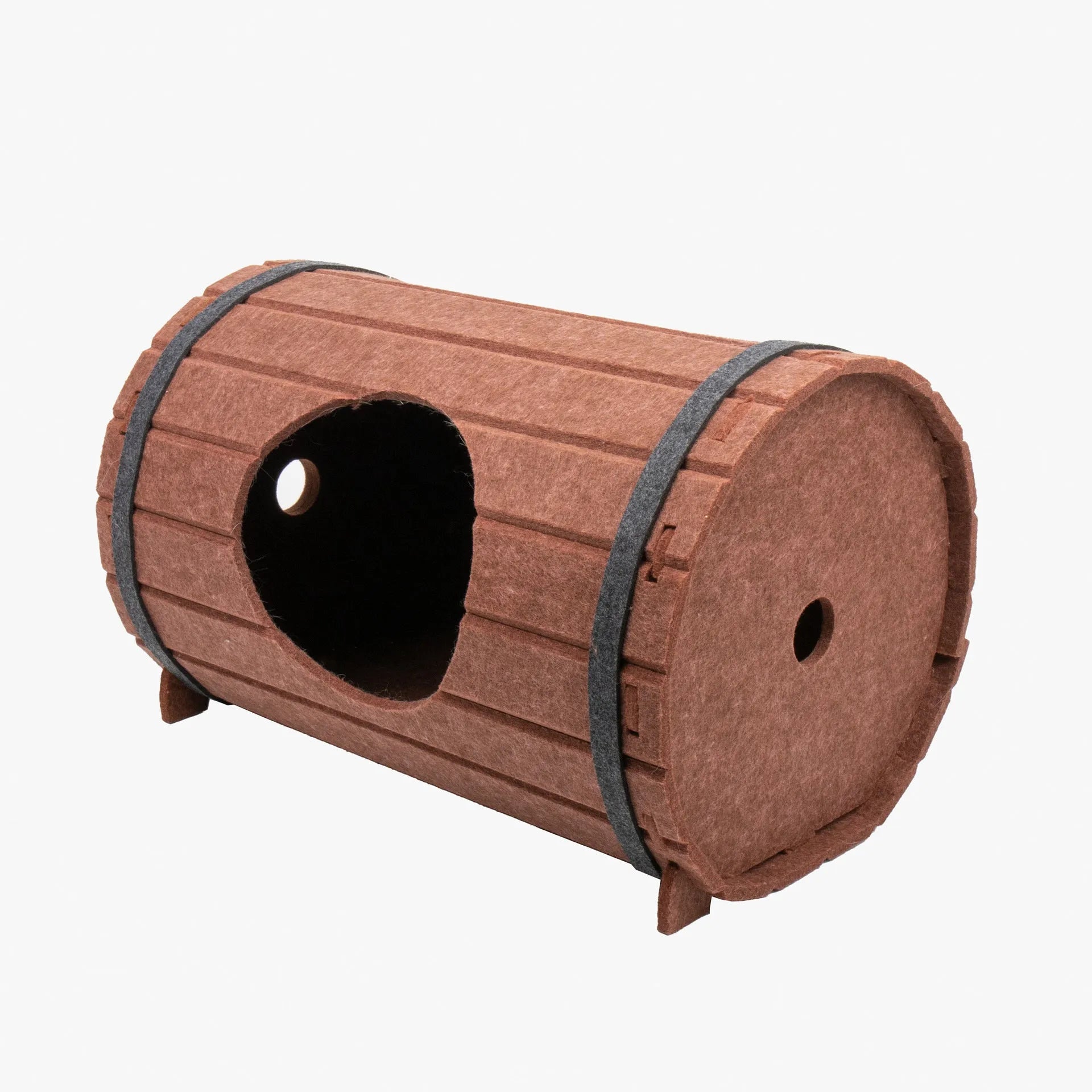 Assembled wine barrel shaped cat bed made from three polyester fibre felt panels