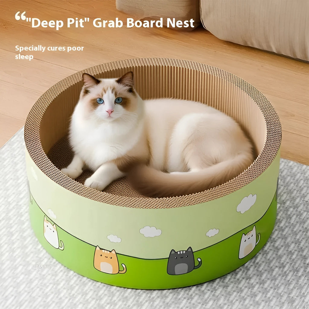 A round corrugated paper cat scratch board with a deep pit pattern, shown in a cute style.