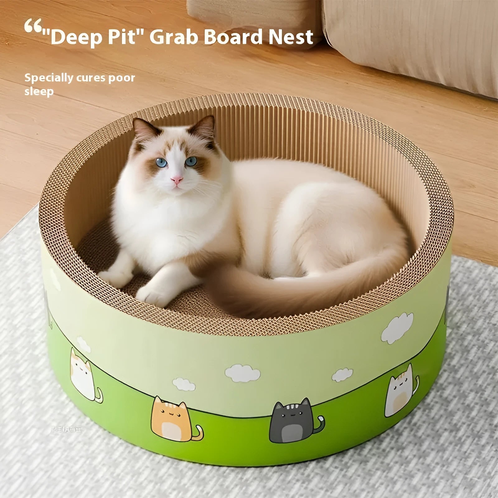 A round corrugated paper cat scratch board with a deep pit pattern, shown in a cute style.