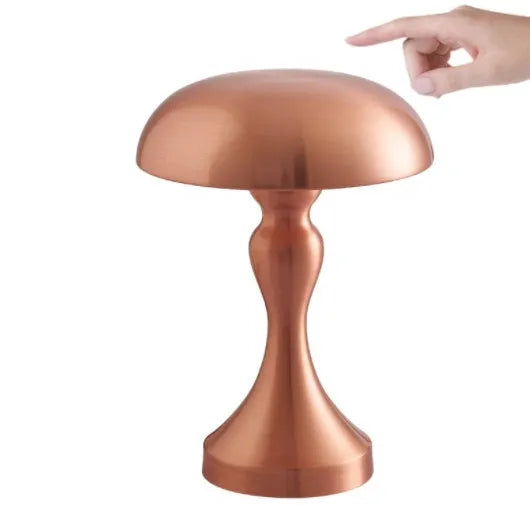 Metallic desk lamp with touch base showing three colour light settings: white, warm, and natural.