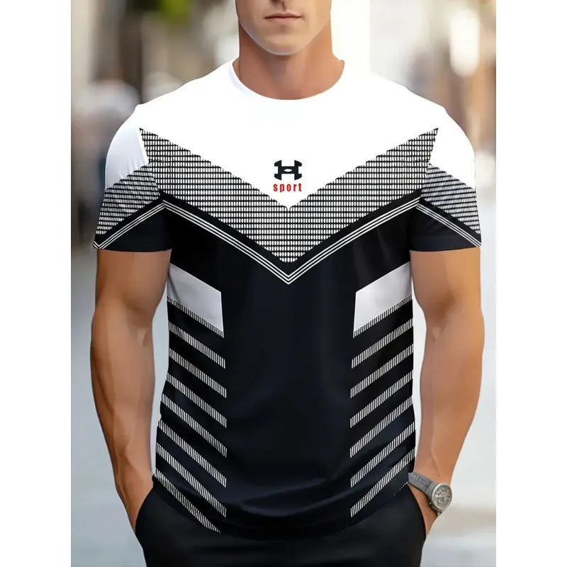 Man wearing a loose-fit short-sleeved T-shirt with a digital 3D printed striped pattern.