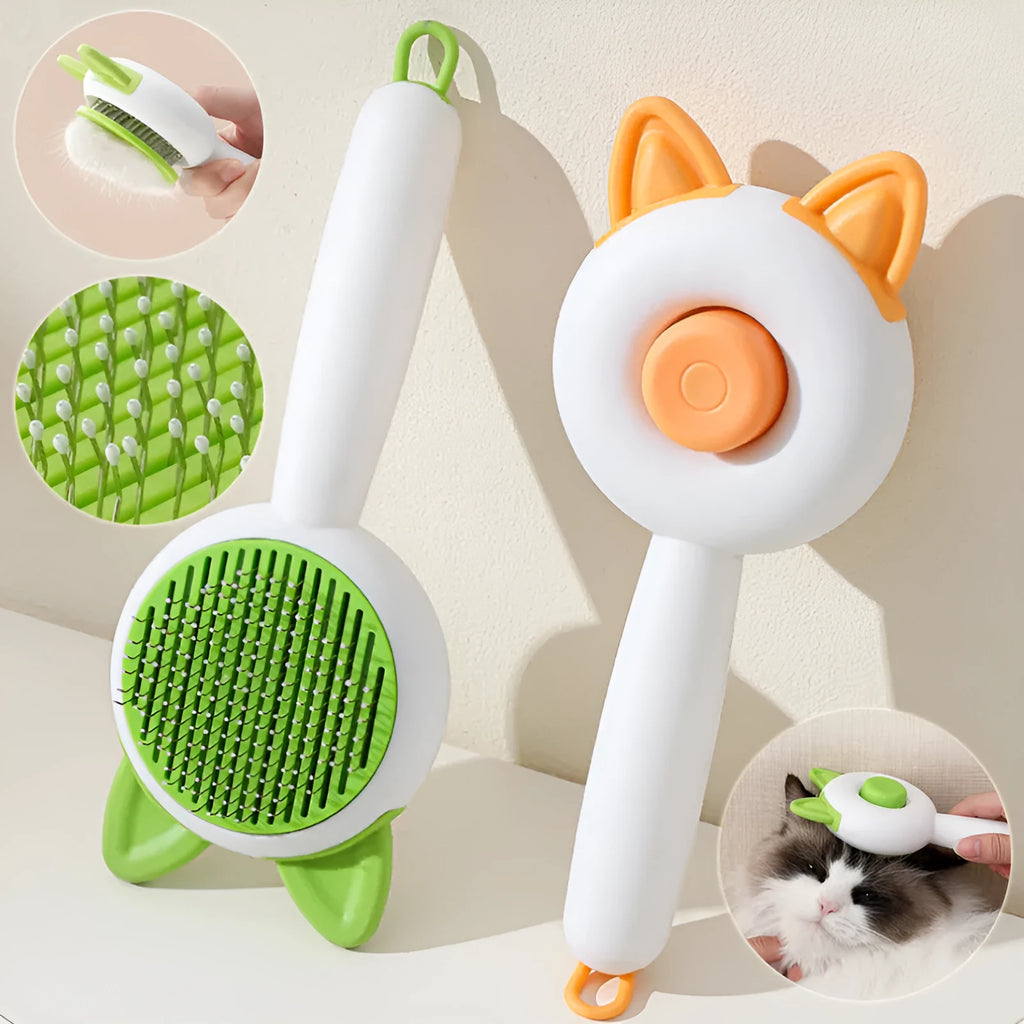 Self-cleaning cat grooming brush with stainless steel pins in greenish white and orange white colour options