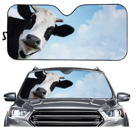 Telescopic aluminium foil car sun shield extended against a car windscreen.