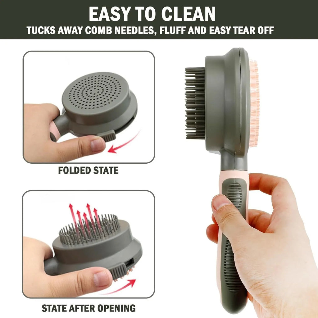 Double sided pink cat brush with release button and flea comb for grooming